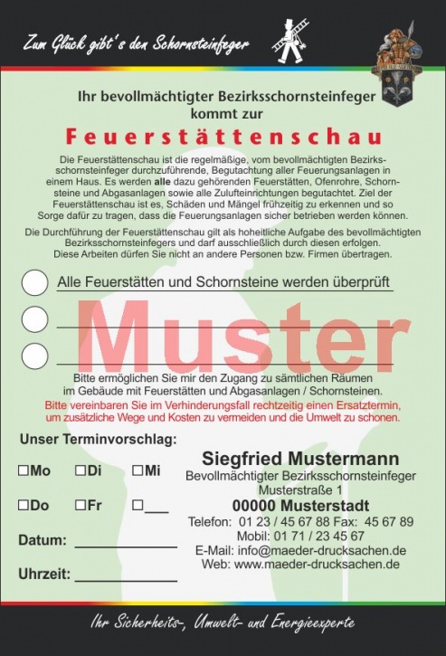 AZ "Feuerstättenschau" - DIN A6, "Zum Glück...", mit Streifengummierung, Florian, mit Firmeneindruck