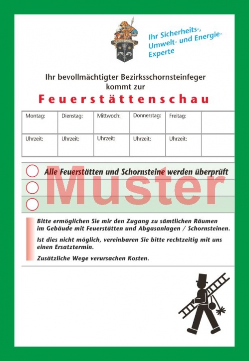 Ansagezettel "Feuerstättenschau" mit 2-facher Streifengummierung