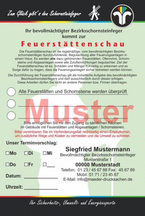 KD AZ "Feuerstättenschau" - DIN A6, "Zum Glück...", mit Streifengummierung, mit Firmeneindruck, ZIV
