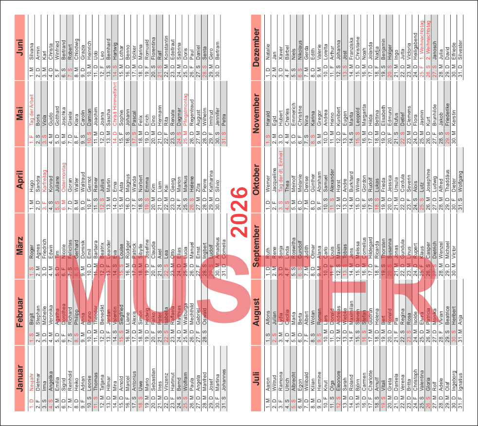 Namenstagkalender "2026", mit Firmeneindruck Pack 250 Stück