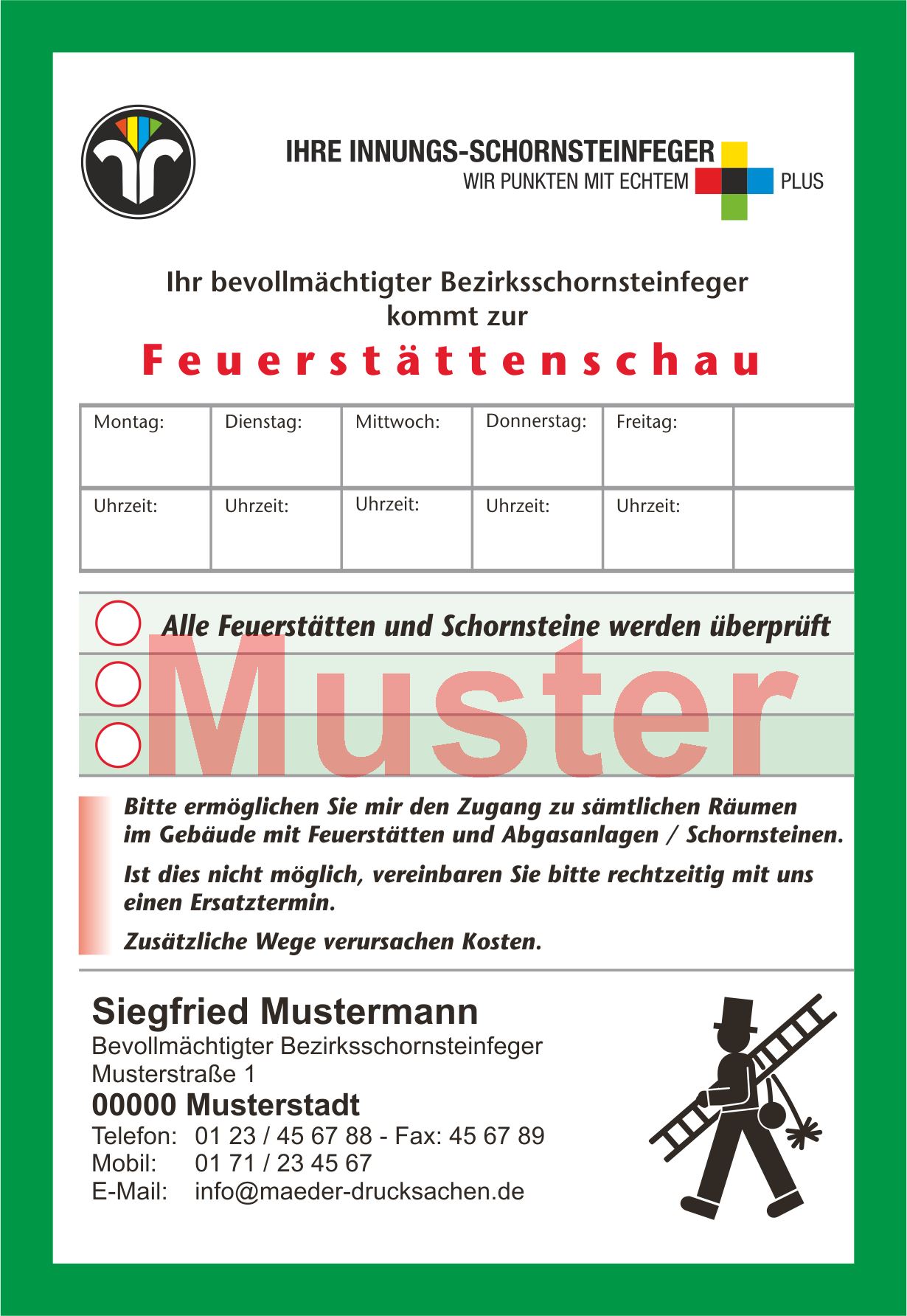 AZ "Feuerstättenschau" - DIN A6, Innungsfeger, mit Streifengummierung, mit Firmeneindruck