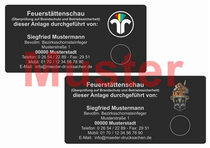 KD Haftetiketten "Feuerstättenschau", mit farbigem Logo mit Firmeneindruck