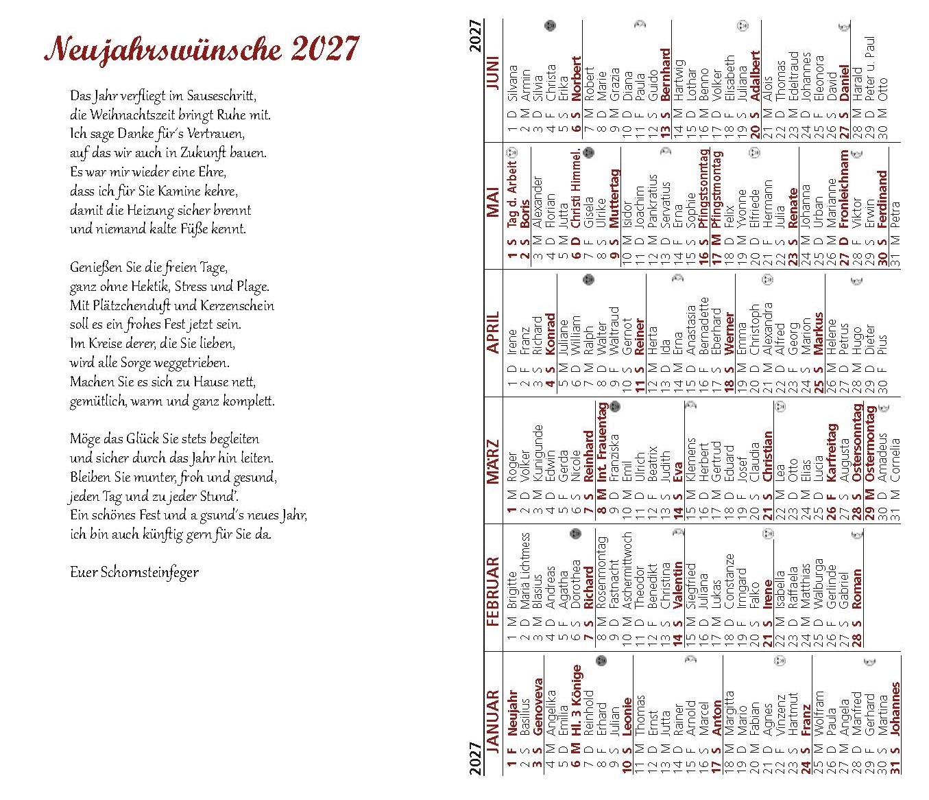 Schornsteinfeger-Kalender "2027" - 100 Stück