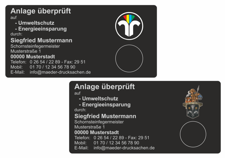 KD Haftetiketten "Anlage überprüft", farbiges Logo, PET Folie schwarz
