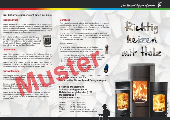 KD Falz-Flyer "Richtig heizen mit Holz", Feger, mit Firmeneindruck