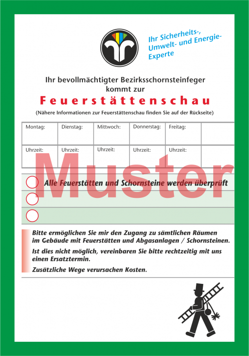 AZ "Feuerstättenschau" - DIN A6, ZIV-Logo, Rückseitendruck, ohne Streifengummierung, ohne Firmeneindruck