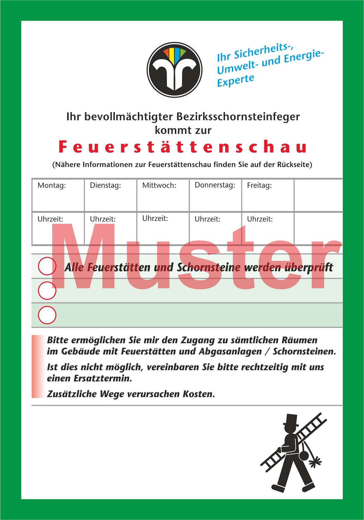 Ansagezettel "Feuerstättenschau" mit 2-facher Streifengummierung